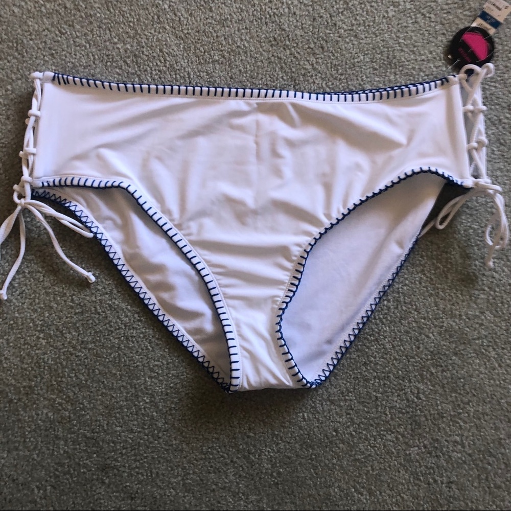 White & Blue Swim Bottoms with Side Ties